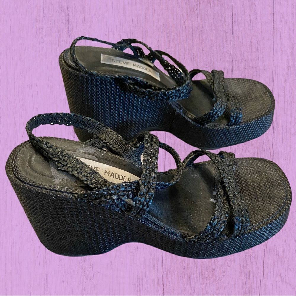 Vintage 90s Steve Madden chunky black square toe platform strappy sandals
